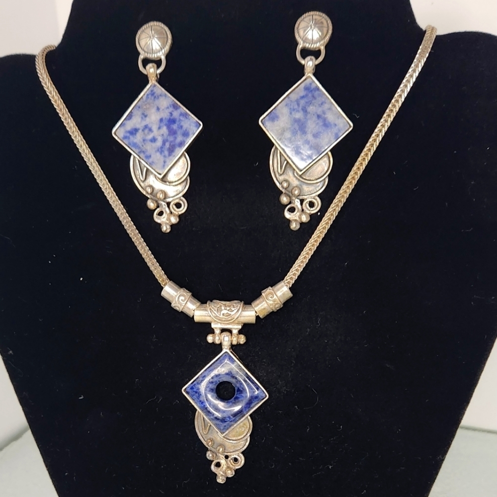 Stamped vintage 925‎ silver/Sodalite tile modern design handcrafted earrings
